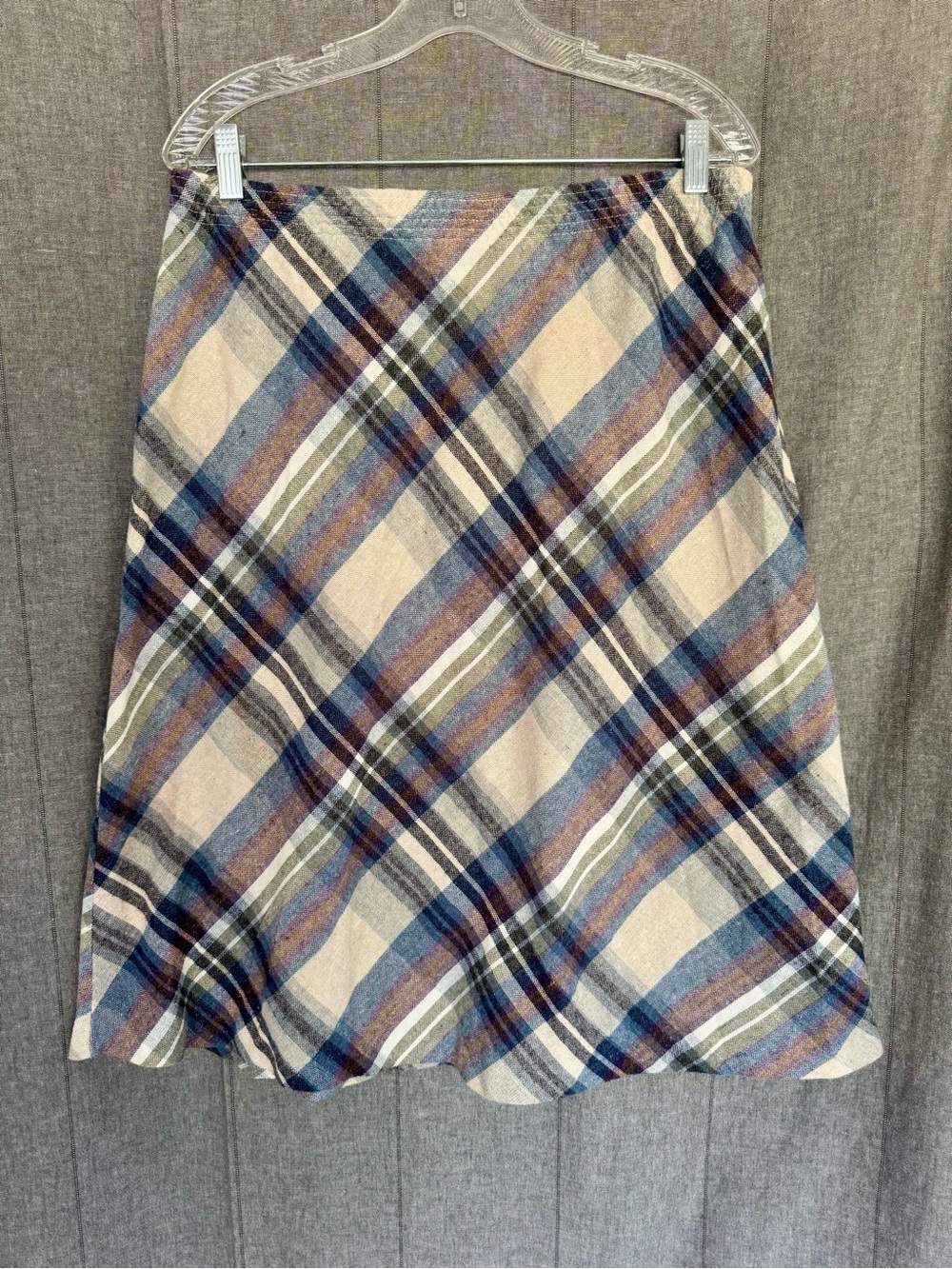 Vintage Size 14 Plaid Wool-Blend Midi Skirt Blue Lilac 70s Academia